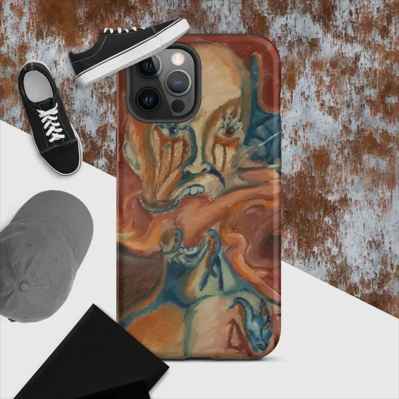 Marbled phone case with orange, teal, and white patterns for artistic iPhone protection
