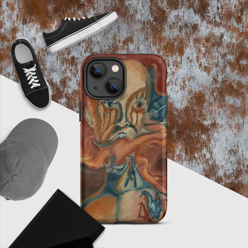 Artistic iPhone case featuring a swirling orange, brown, and blue marble pattern