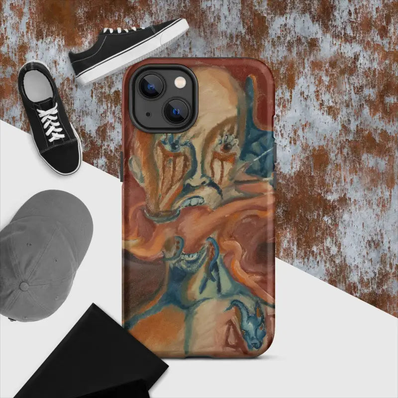 Artistic iPhone case featuring a swirled orange and teal marble pattern for protection