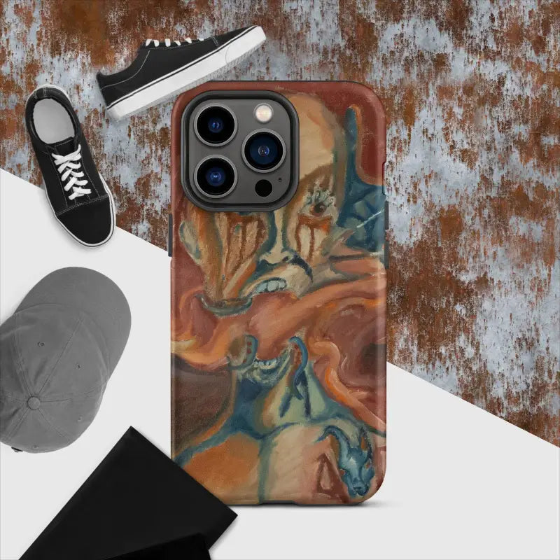 Artistic iPhone case featuring a swirling orange and blue marble-like pattern