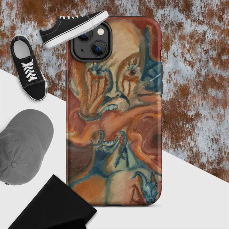 Artistic iPhone case featuring a swirling orange and teal marble pattern