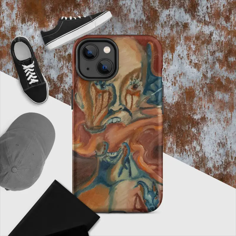 IPhone case featuring swirling orange and blue abstract art for artistic phone protection