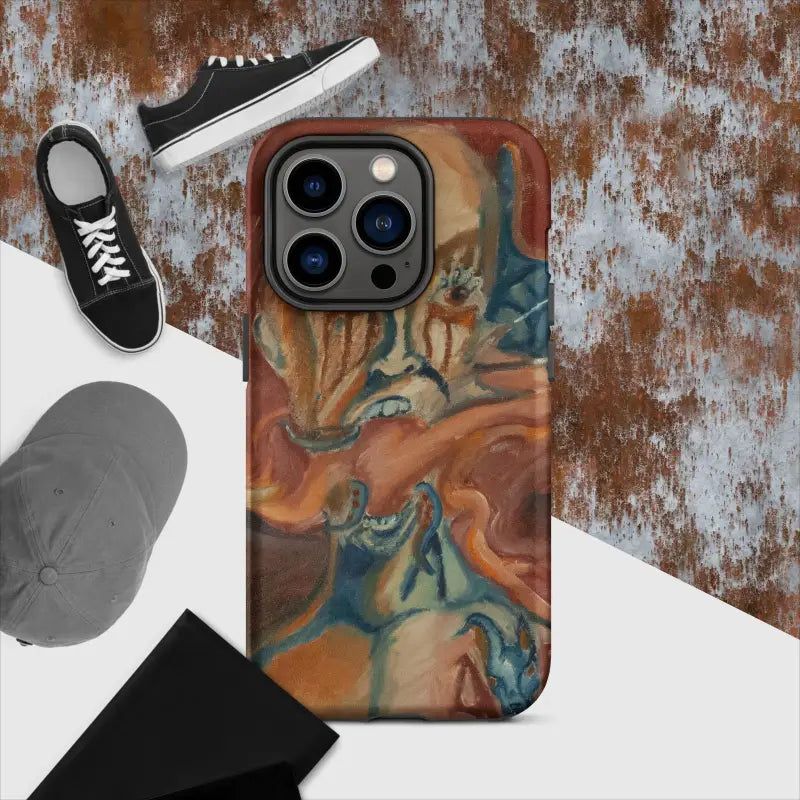 Artistic iPhone case featuring a swirling orange and blue marble pattern