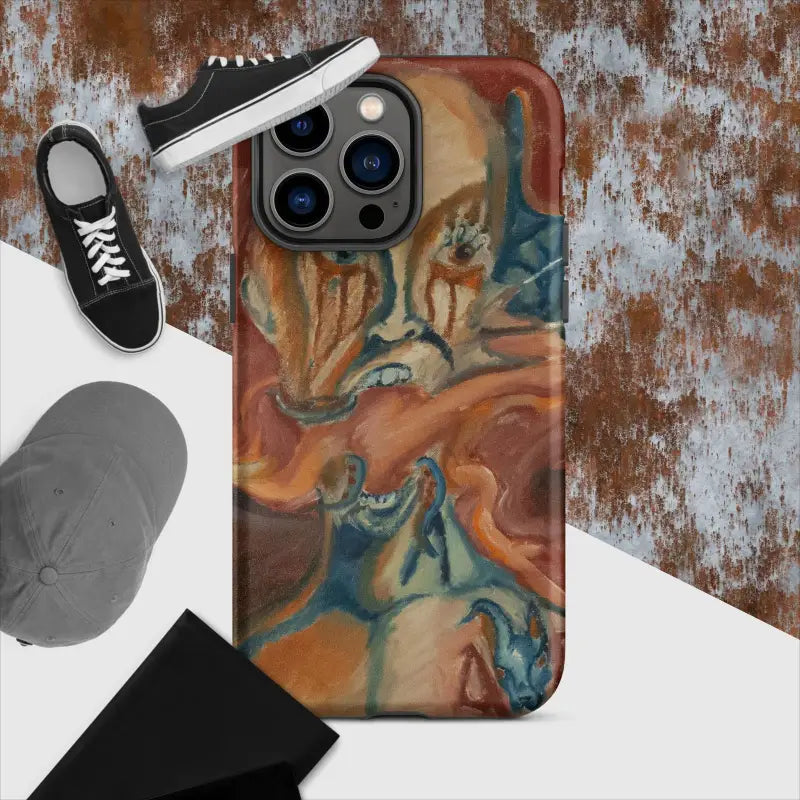 IPhone case featuring a swirling orange and teal marble artistic design for protection