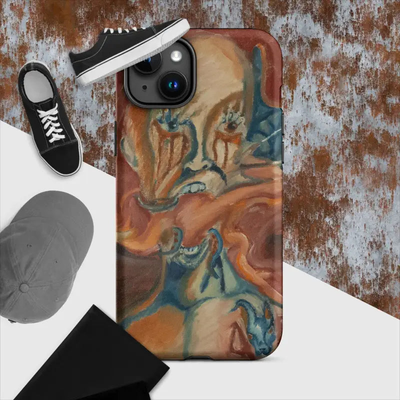 Artistic phone case featuring a swirling orange and teal marble pattern for iPhone protection