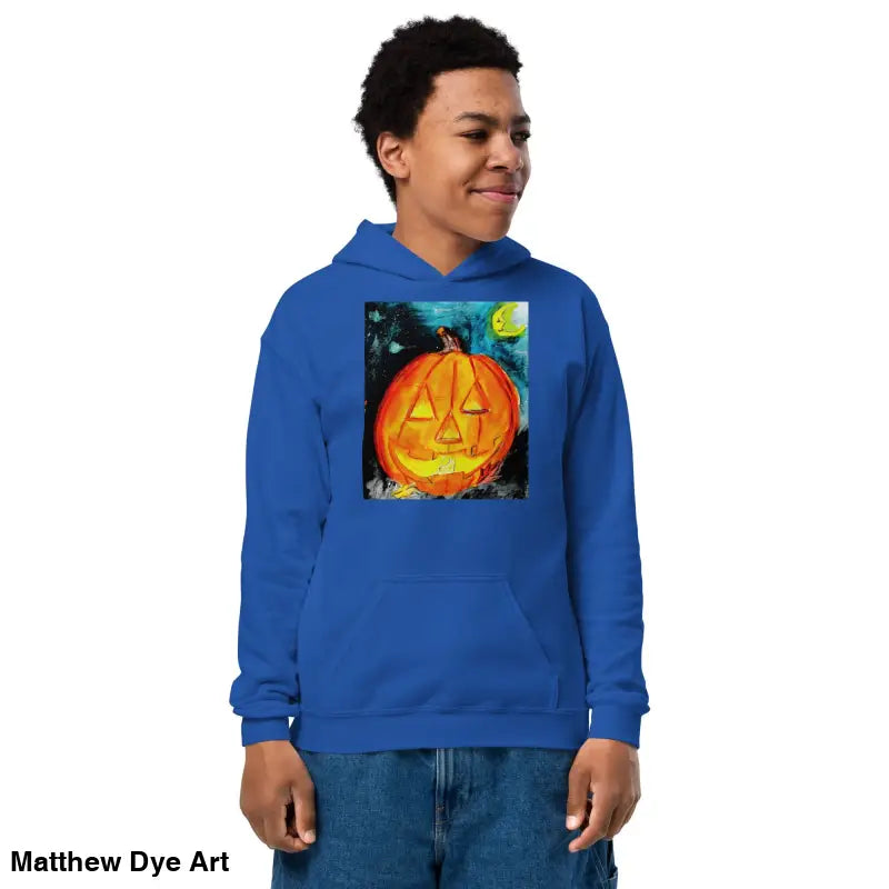 Blue hoodie featuring pumpkin graphic from Pumpkin Fun Youth Halloween Heavy Unisex Hoodie