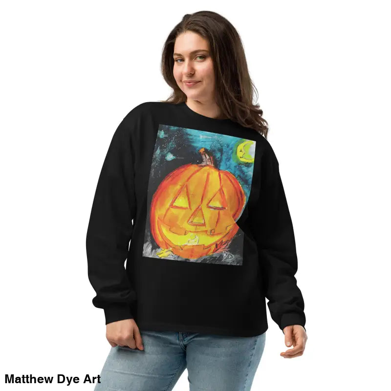 Black sweatshirt featuring Matthew Dye Art’s whimsical jack-o’-lantern design for Halloween