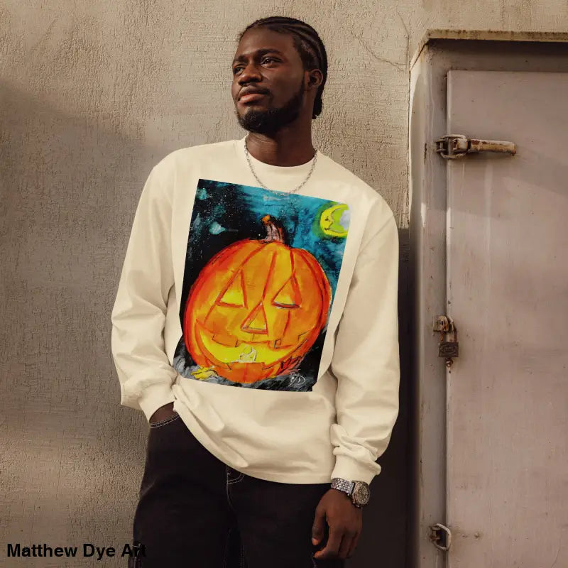 Long-sleeved shirt featuring Matthew Dye Art’s whimsical Jack-o’-Lantern design