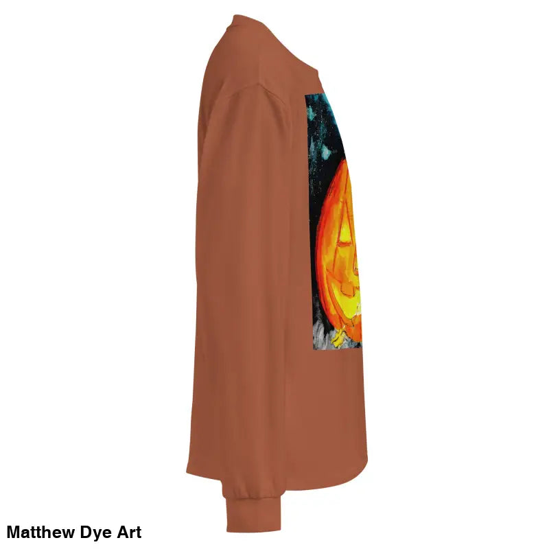 Brown long-sleeved shirt featuring Matthew Dye Art’s whimsical jack-o’-lantern design