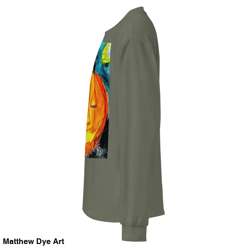 Olive green long-sleeved shirt featuring Matthew Dye Art’s whimsical Jack-o’-Lantern design