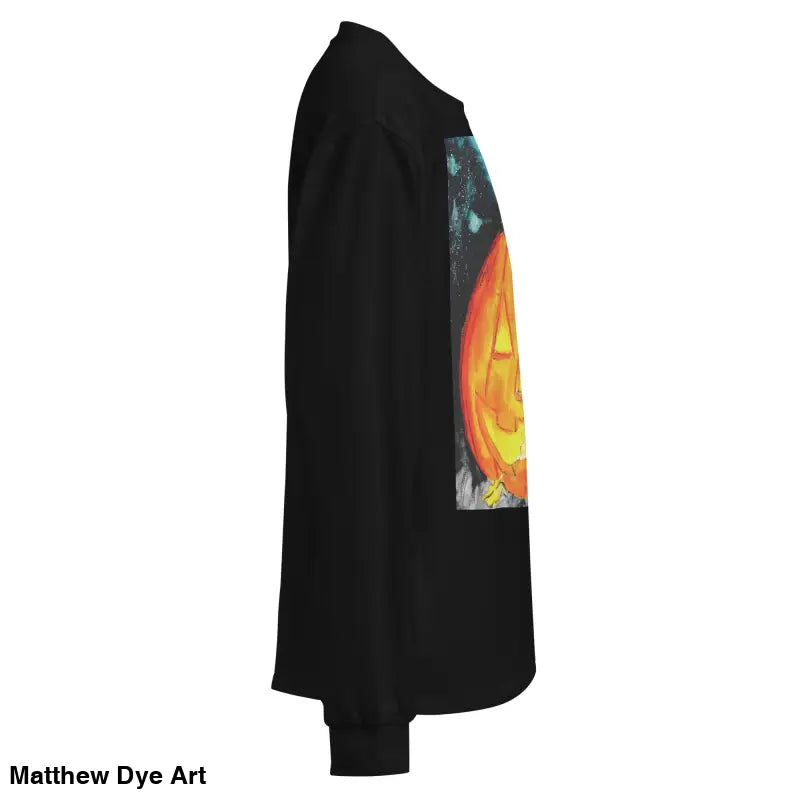 Black long-sleeved shirt featuring Matthew Dye Art’s whimsical Jack-o’-Lantern design