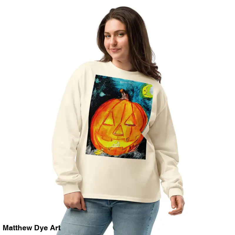 Beige sweatshirt featuring Matthew Dye Art’s whimsical Jack-o’-Lantern design