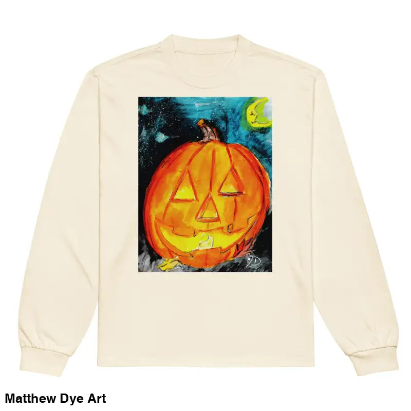 Long-sleeved shirt featuring Matthew Dye Art’s whimsical Jack-o’-Lantern design
