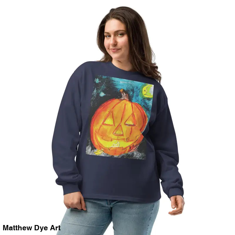 Navy blue sweatshirt featuring Matthew Dye Art’s whimsical jack-o’-lantern design