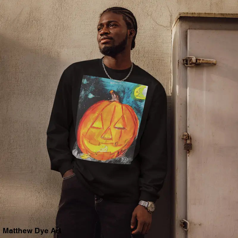 Black sweatshirt featuring Matthew Dye Art’s whimsical Jack-o’-Lantern design