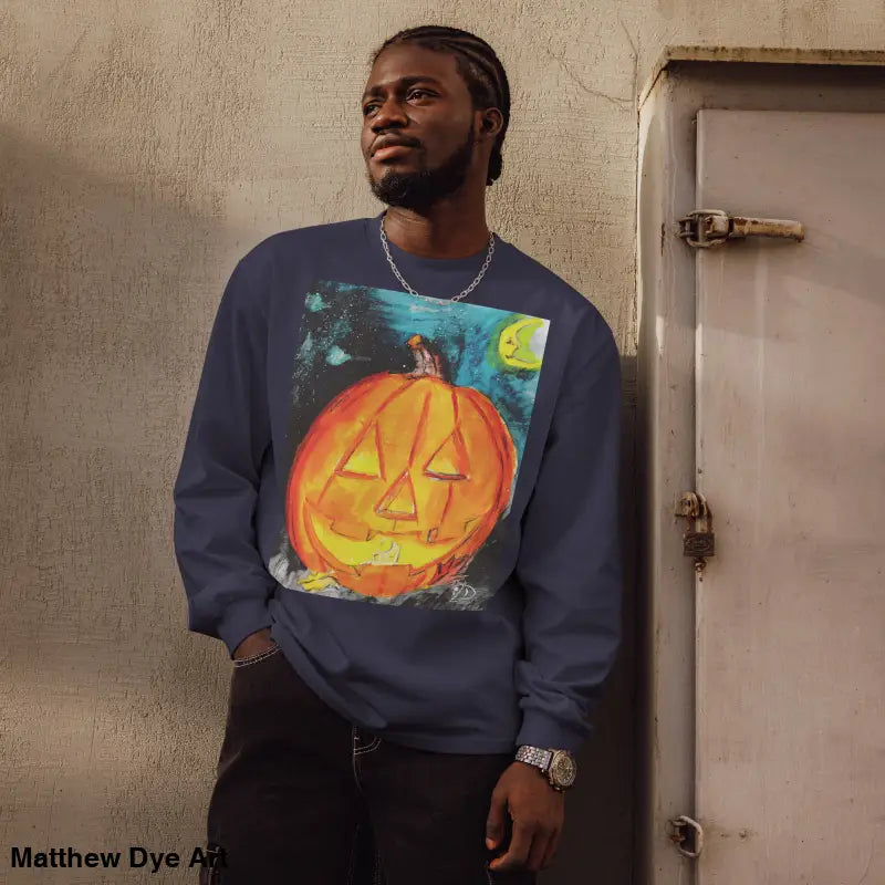 Navy sweatshirt featuring Matthew Dye Art’s whimsical Jack-o’-Lantern design