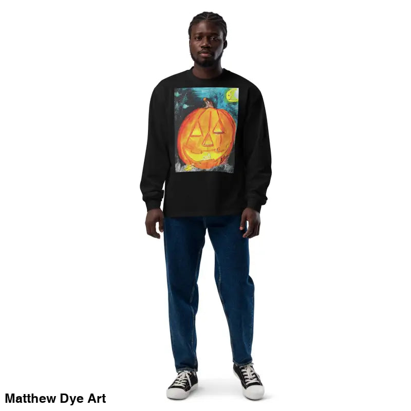 Black long-sleeved shirt featuring Matthew Dye Art’s whimsical Jack-o’-Lantern design