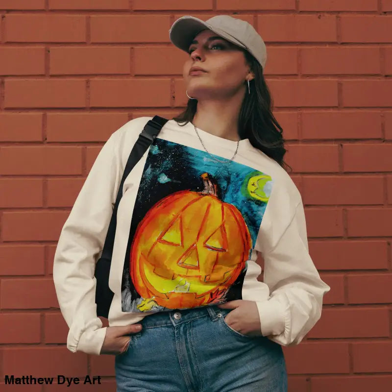 Woman’s Halloween pumpkin sweatshirt featuring Matthew Dye Art’s whimsical jack-o’-lantern design