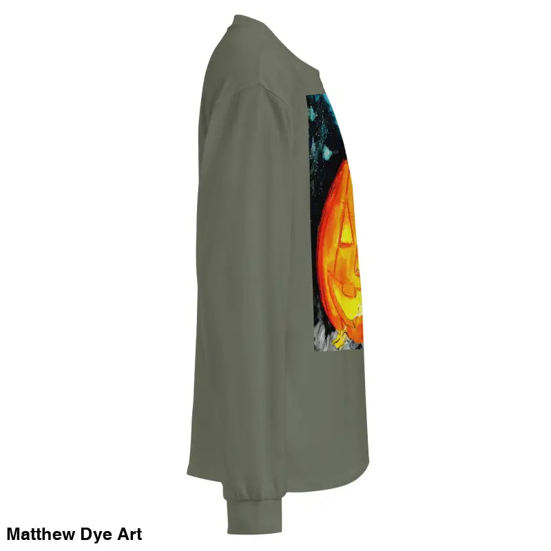 Long-sleeved shirt featuring Matthew Dye Art’s whimsical Jack-o’-Lantern design