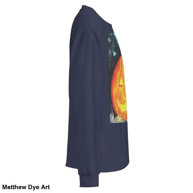 Navy blue long-sleeved shirt featuring Matthew Dye Art’s whimsical Jack-o’-lantern design