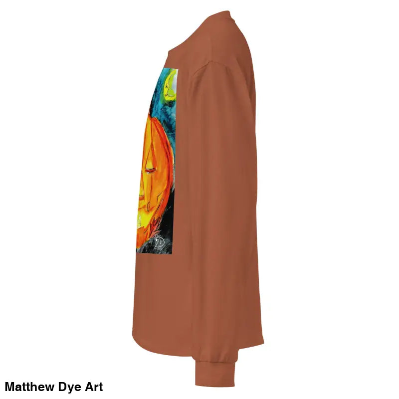 Brown long-sleeved shirt featuring Matthew Dye Art’s whimsical jack-o’-lantern design