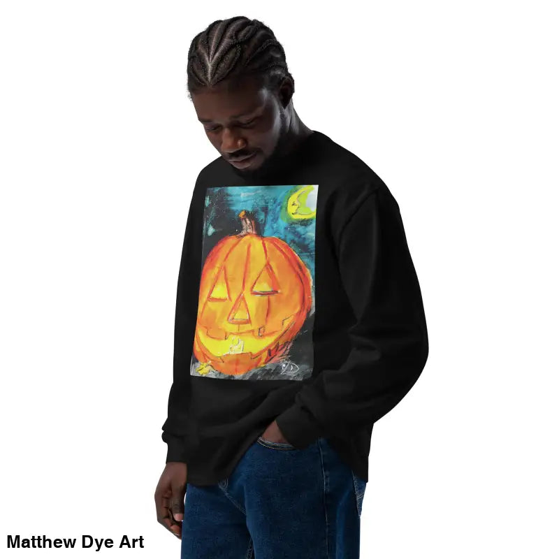 Black sweatshirt featuring Matthew Dye Art’s whimsical Jack-o’-Lantern design