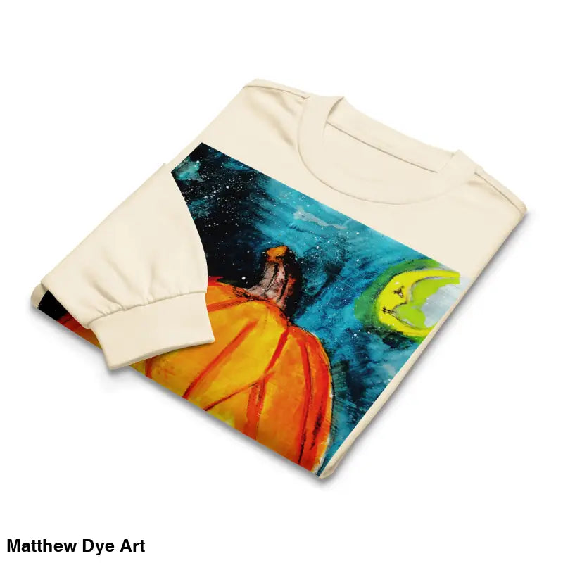 Folded long-sleeved shirt featuring Matthew Dye Art’s whimsical Jack-o’-Lantern design