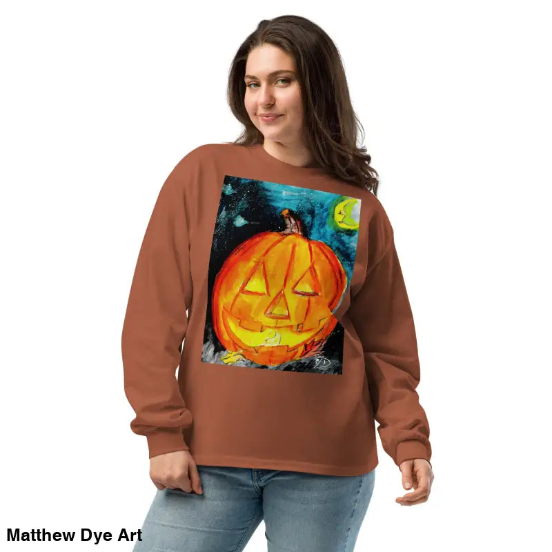 Brown sweatshirt featuring Matthew Dye Art’s whimsical Jack-o’-Lantern design