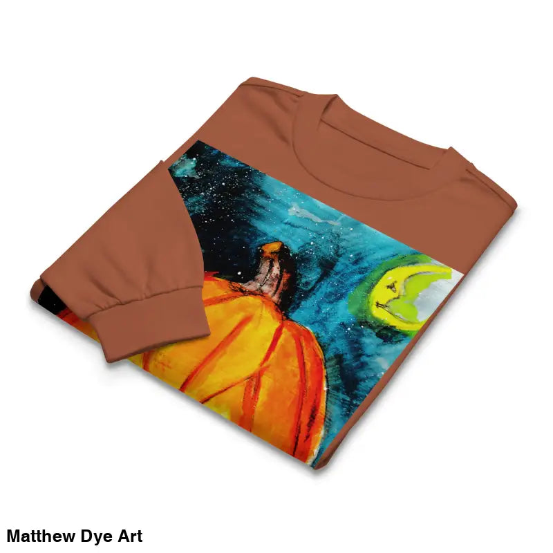 Folded sweatshirt featuring Matthew Dye Art’s whimsical Jack-o’-Lantern design