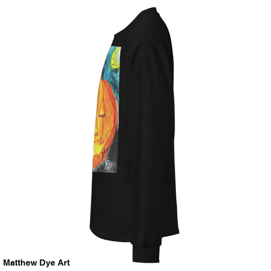 Black long-sleeved shirt featuring Matthew Dye Art’s whimsical Jack-o’-Lantern design