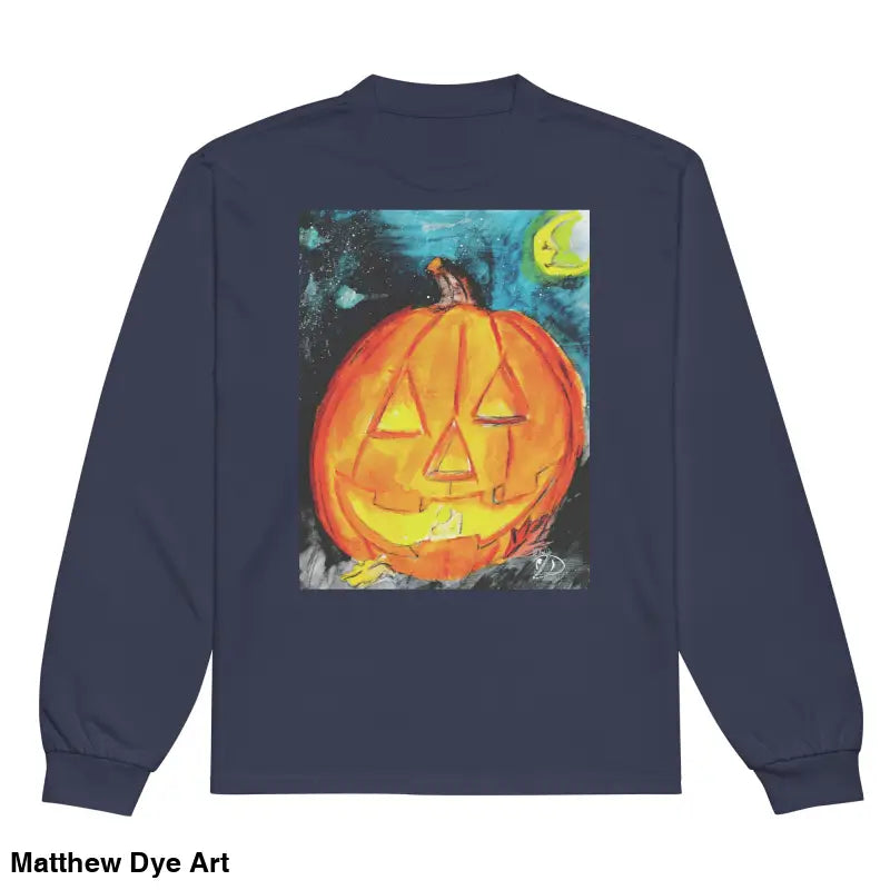 Navy long-sleeved shirt featuring Matthew Dye Art’s whimsical Jack-o’-Lantern design