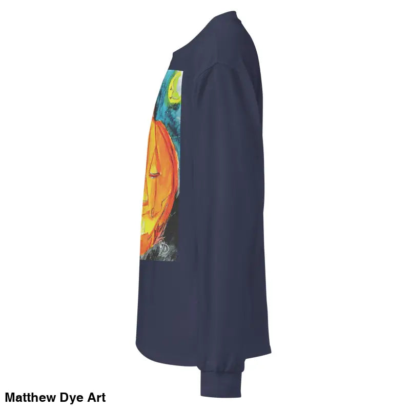 Navy long-sleeved shirt featuring Matthew Dye Art’s whimsical Jack-o’-Lantern design