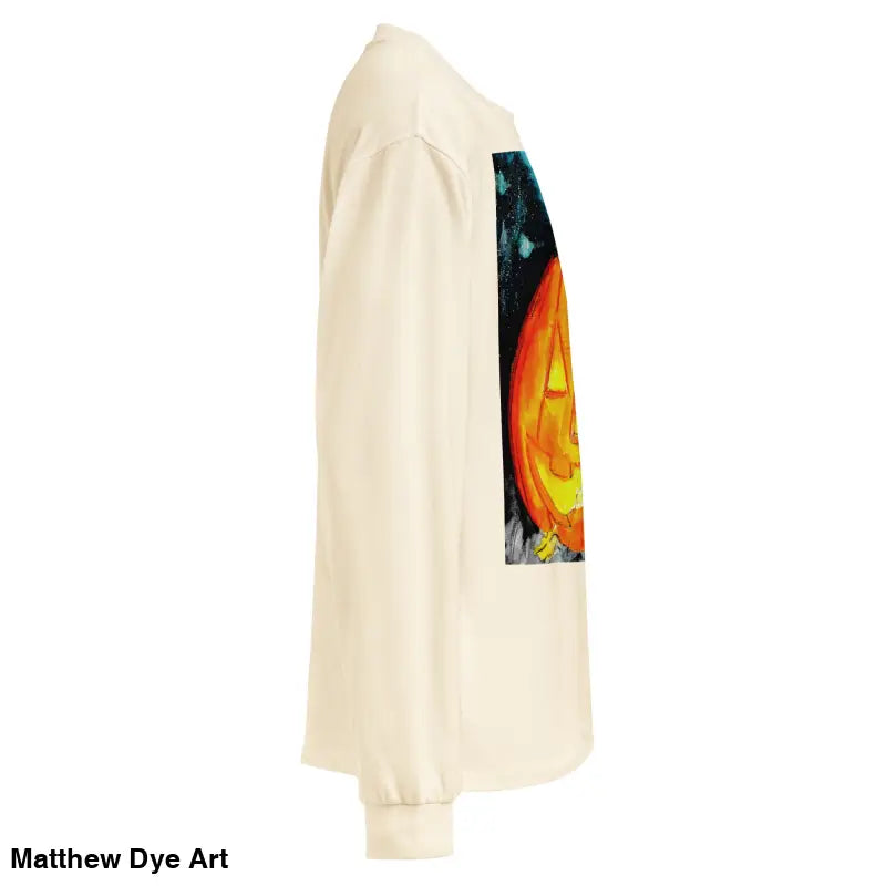 Long-sleeved shirt featuring Matthew Dye Art’s whimsical Jack-o’-Lantern design