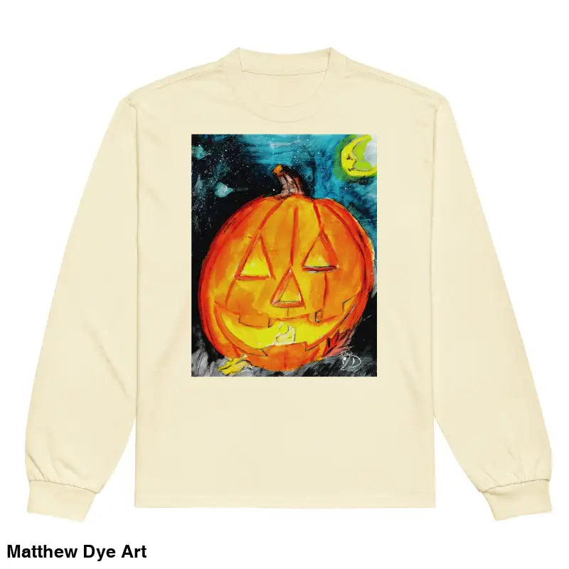 Long-sleeved shirt featuring Matthew Dye Art’s whimsical Jack-o’-Lantern design