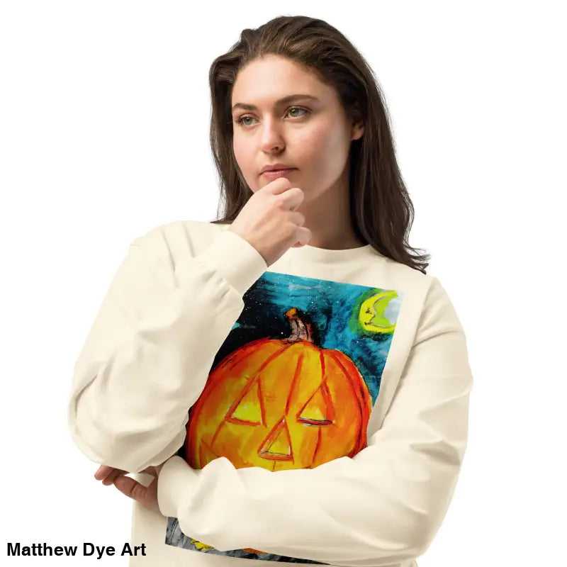 Pumpkin Mischief sweatshirt featuring Matthew Dye Art’s whimsical Jack-o’-Lantern design