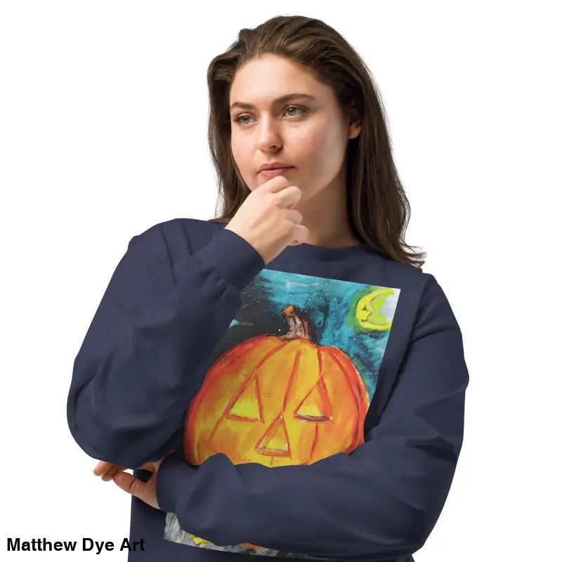 Halloween pumpkin sweatshirt featuring Matthew Dye Art’s whimsical jack-o’-lantern design