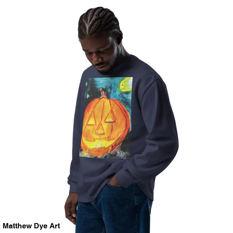 Navy sweatshirt featuring Matthew Dye Art’s whimsical Jack-o’-Lantern design