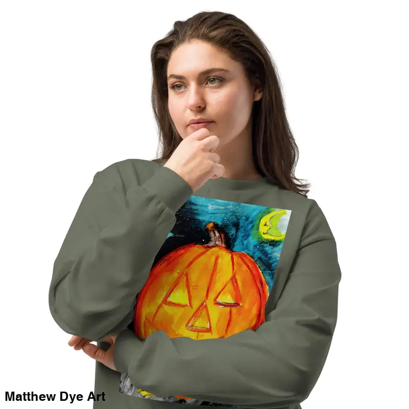 Pumpkin Mischief sweatshirt featuring Matthew Dye Art’s whimsical jack-o’-lantern design