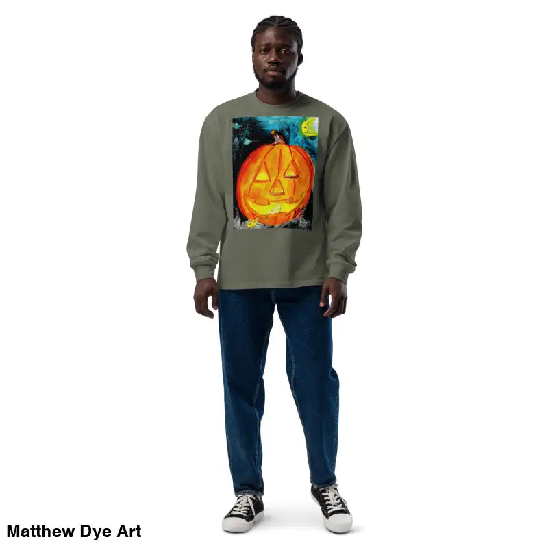Man in pumpkin-themed long-sleeved shirt featuring Matthew Dye Art’s whimsical Jack-o’-Lantern