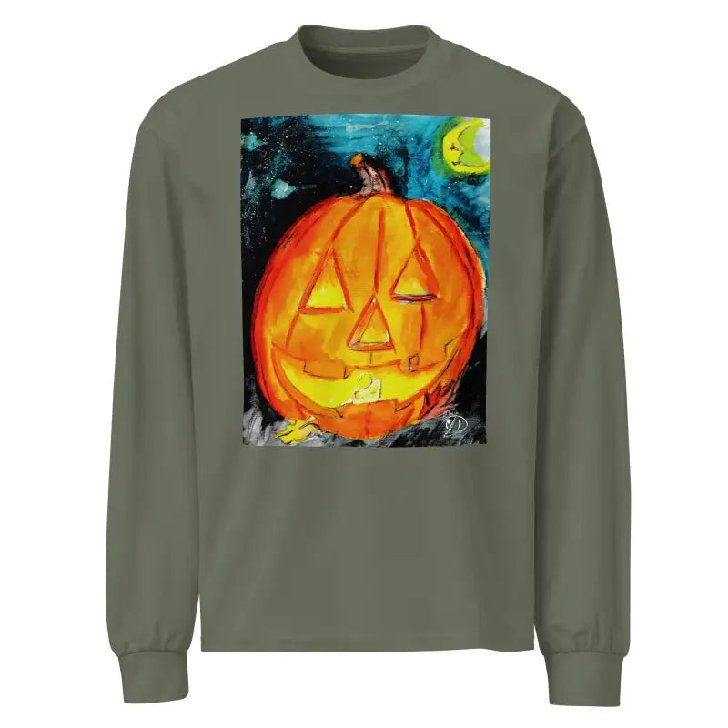 Olive green long-sleeved shirt featuring Matthew Dye Art’s whimsical jack-o’-lantern design