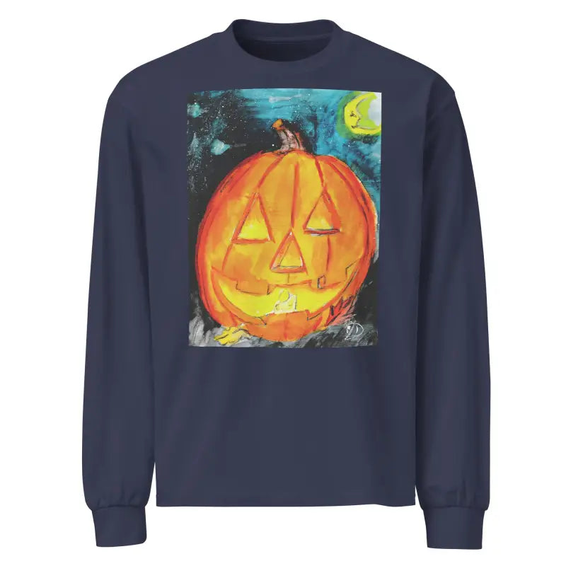 Navy long-sleeved shirt featuring Matthew Dye Art’s whimsical Jack-o’-Lantern design