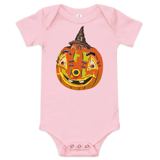 Pink baby onesie featuring pumpkin witch design for a vintage-inspired Halloween outfit