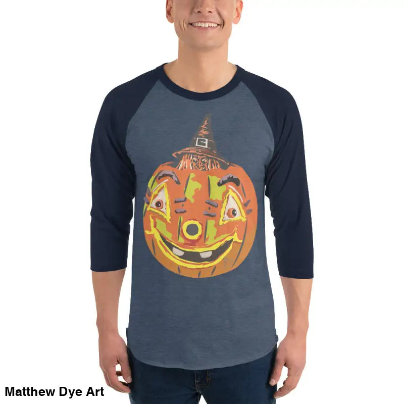 Stylish raglan shirt featuring charming retro Halloween design with a pumpkin witch theme