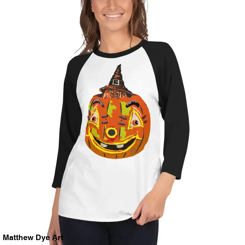 Stylish raglan shirt with charming retro Halloween flair featuring a Pumpkin Witch design