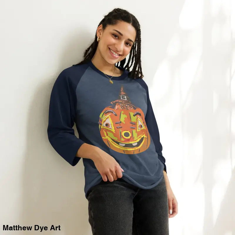 Stylish raglan shirt featuring charming retro Halloween design with a pumpkin witch