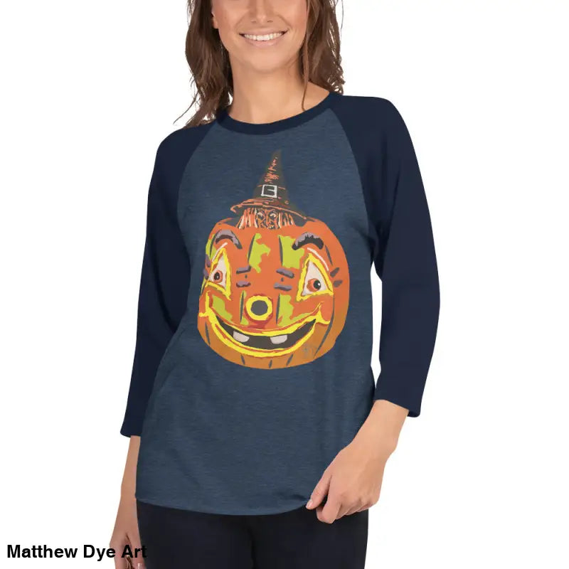 Stylish raglan shirt featuring charming retro Halloween pumpkin design for festive wear
