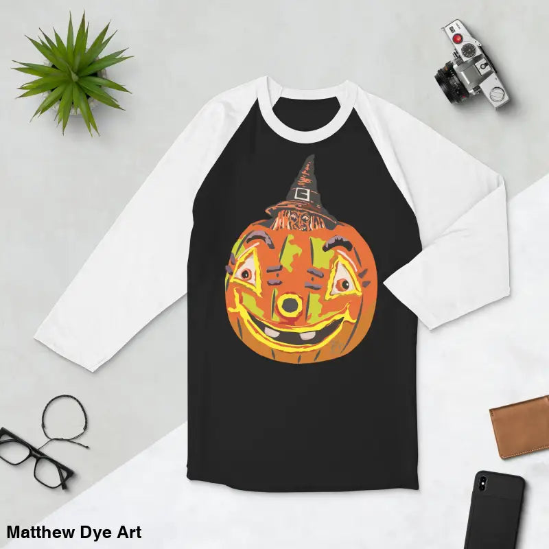 Stylish raglan shirt featuring charming retro Halloween design with pumpkin witch motif