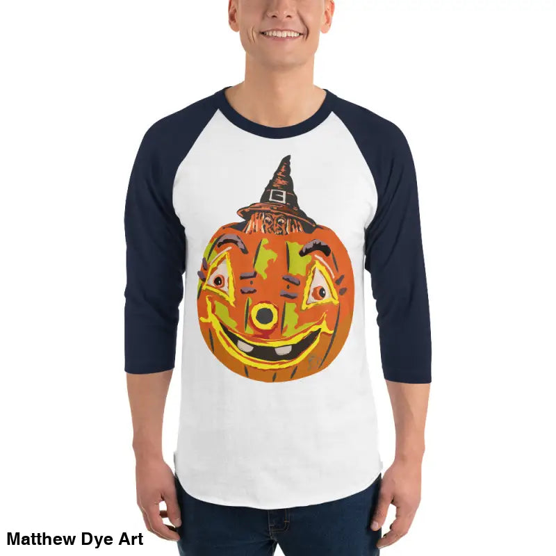 Stylish raglan shirt with charming retro Halloween flair featuring a Pumpkin Witch design