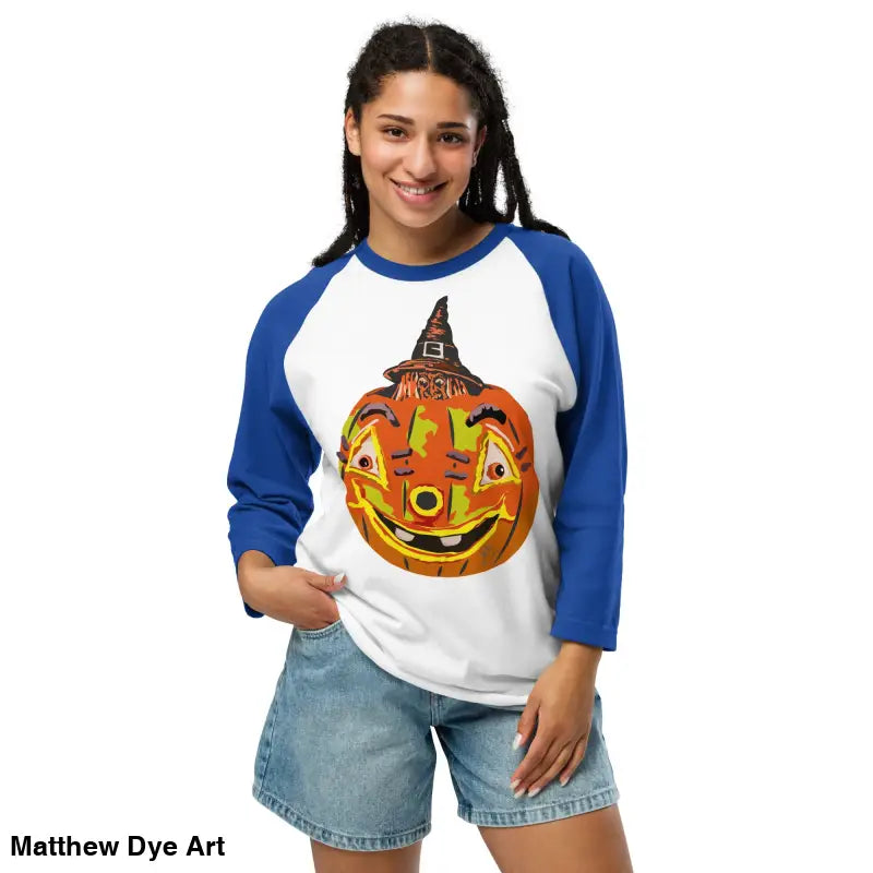 Stylish raglan shirt featuring charming retro Halloween design with a pumpkin witch theme