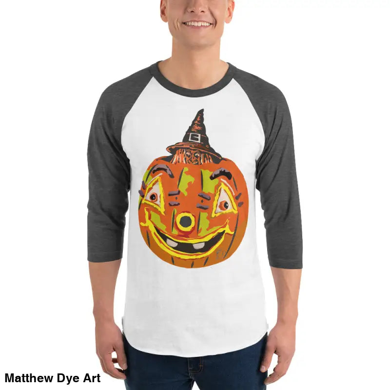Stylish raglan shirt featuring a charming retro Halloween design of a pumpkin witch